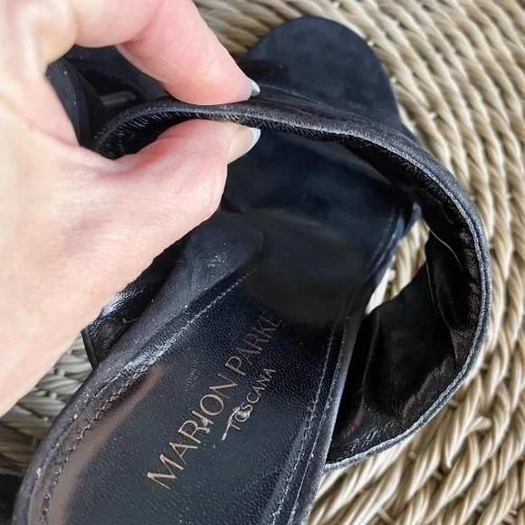 New Marion Parke BLACK Quilted Suede Leather Slide Sandals - Picture 13 of 15